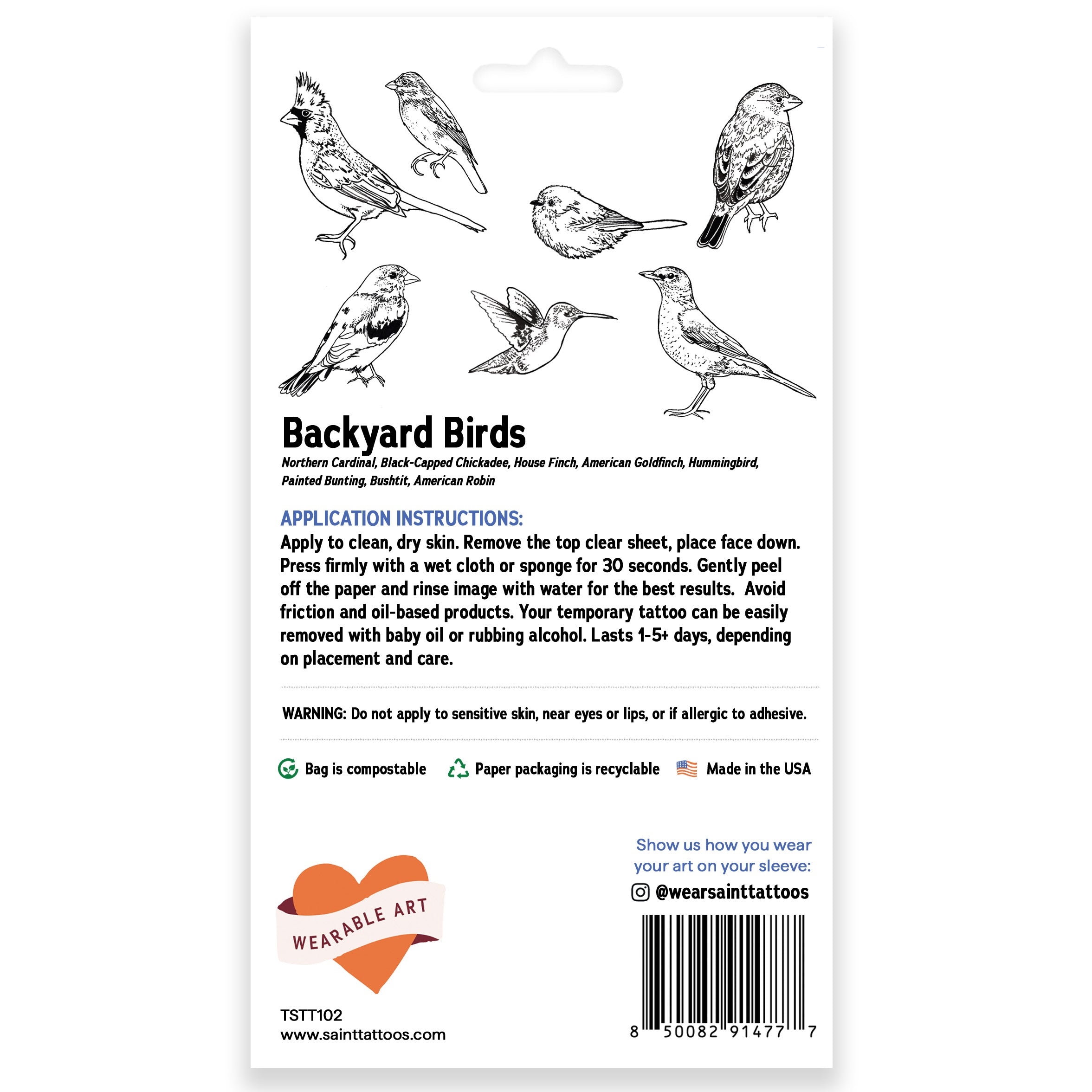 Backyard Birds Temporary Tattoo Sheets